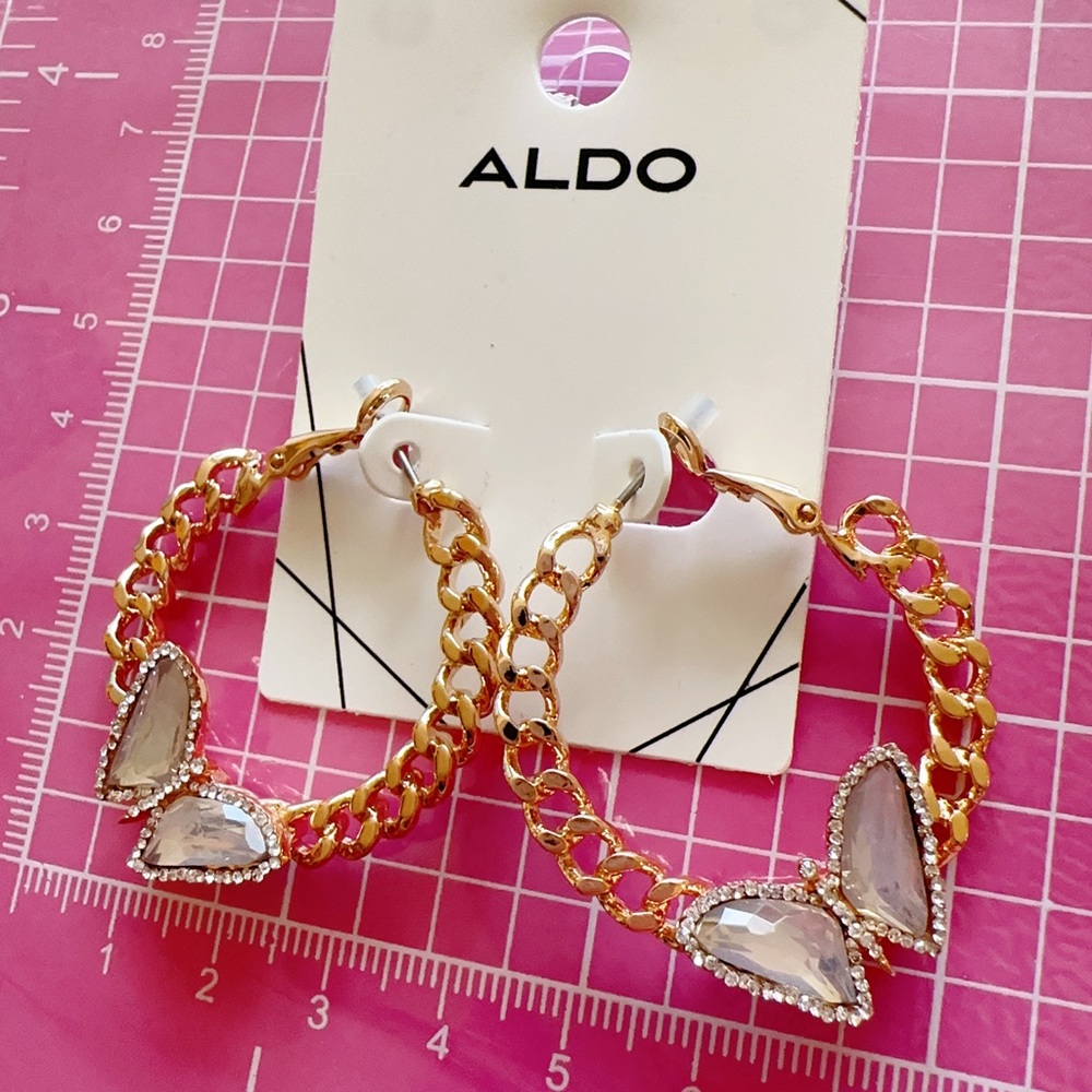 Aldo earrings crystal butterfly diamonds paved gold tone round chain clip ons